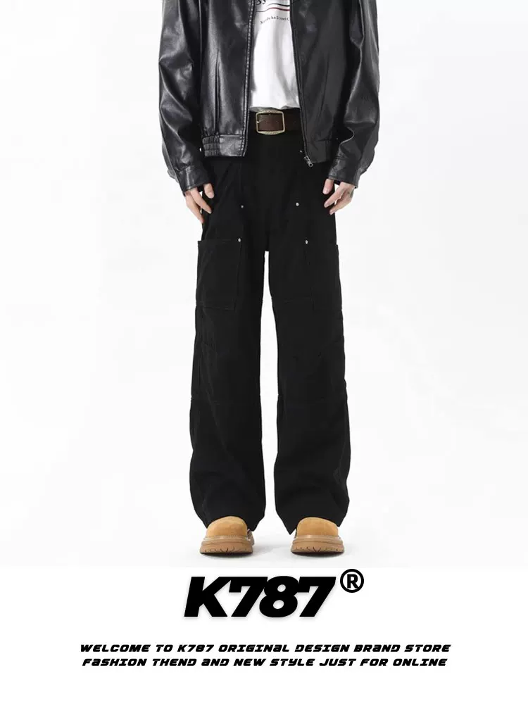 Quần K787 kiểu Mỹ cổ điển, phối màu trơn, phong cách công nhân, kiểu dáng lumberjack, unisex, họa tiết hình học, thiết kế phá cách, đa năng, hợp thời trang, quần ống thẳng, phong cách thường ngày