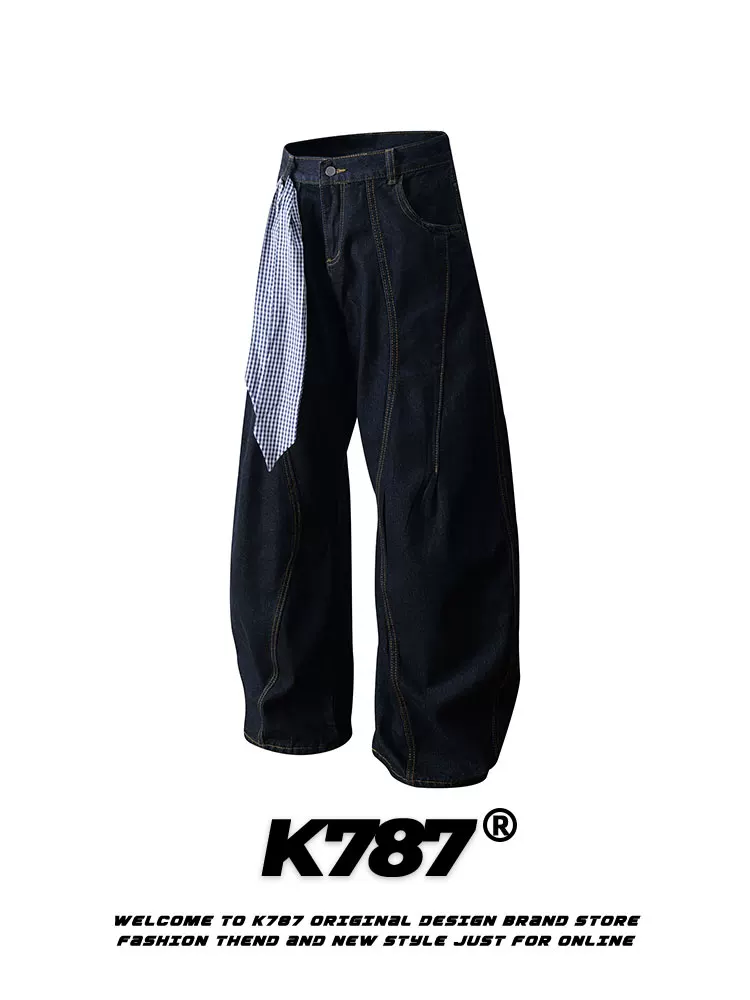 Quần jeans unisex dáng rộng ống rộng phong cách đường phố cao cấp, chất liệu cleanfit, kiểu dáng retro Mỹ, có khăn quàng cổ hình vuông tháo rời được, mã K787