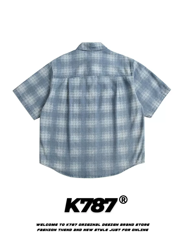 Áo sơ mi ngắn tay kiểu Mỹ cổ điển K787, họa tiết ca rô, phong cách casual, thiết kế rách cá tính, dành cho nam và nữ, kiểu dáng vintage, rộng rãi, đa năng, kiểu cardigan nửa tay.