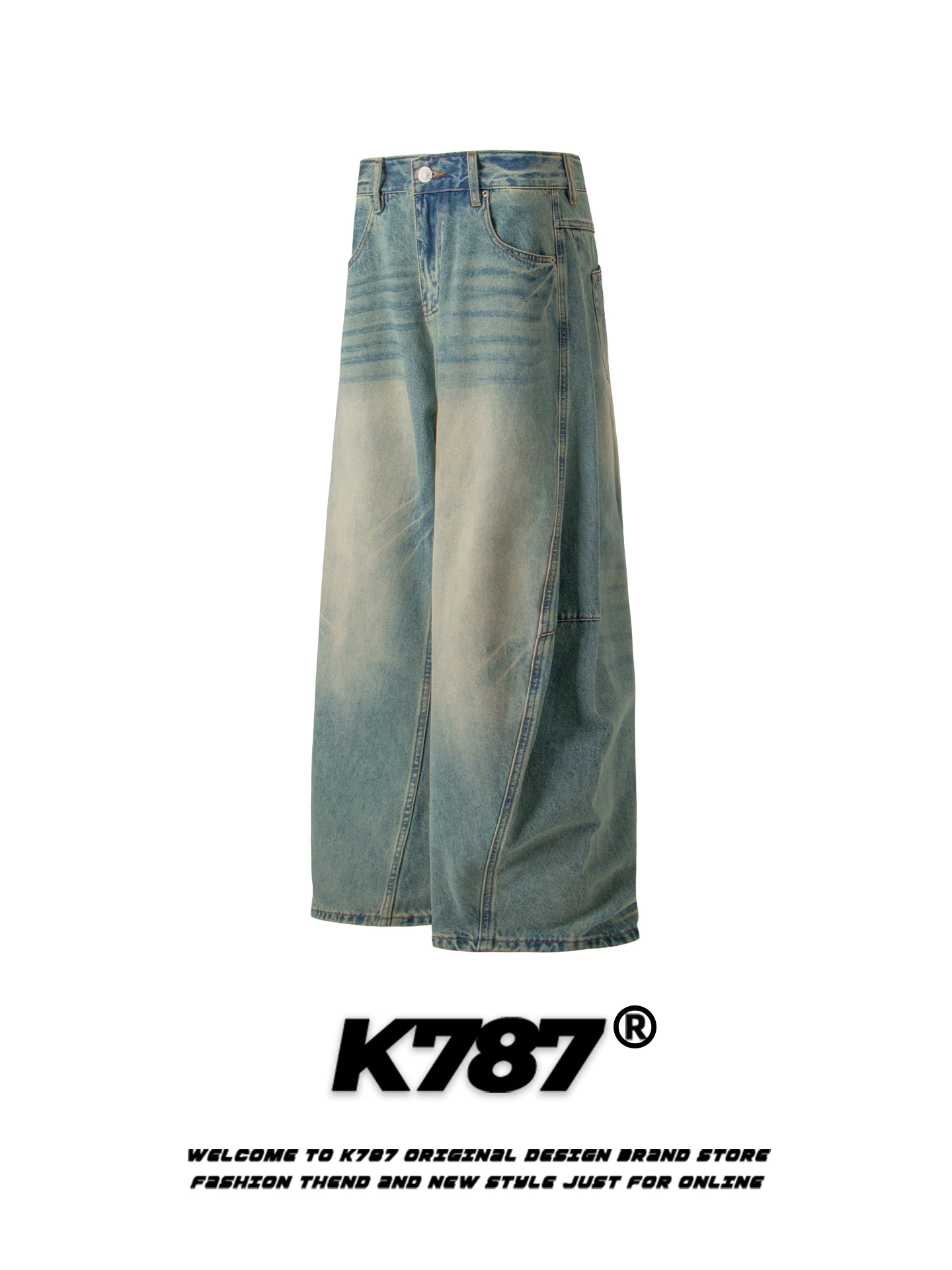 Quần jeans dáng rộng unisex K787 kiểu Mỹ cổ điển, xước, rách, dài chấm đất, ống rộng, phong cách casual