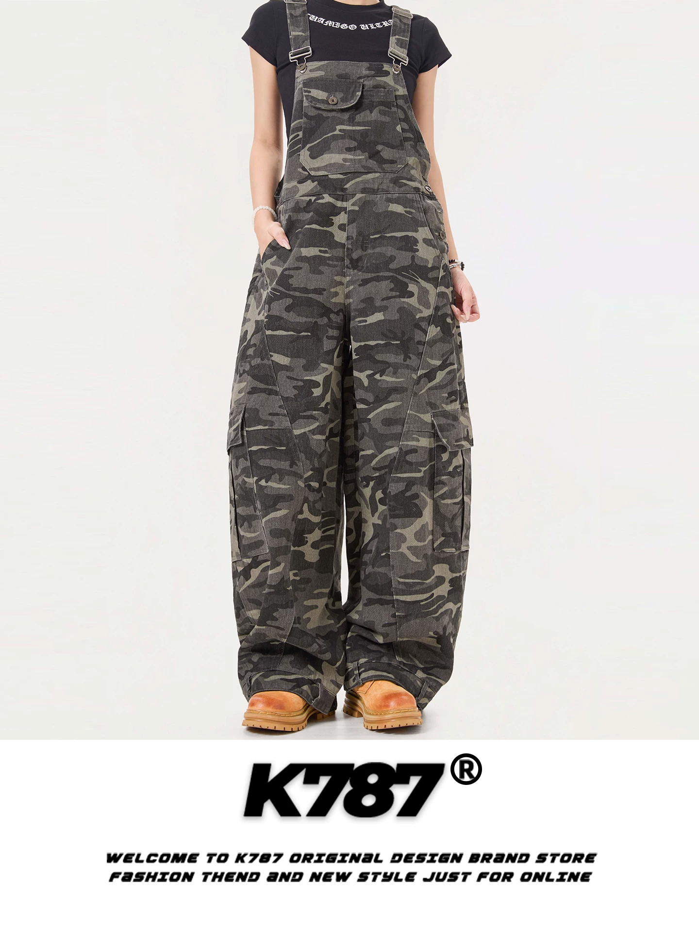 Quần yếm cargo kiểu Mỹ cổ điển K787, unisex, thiết kế phá cách, nhiều túi, dáng rộng, thời trang, xu hướng, quần ống rộng