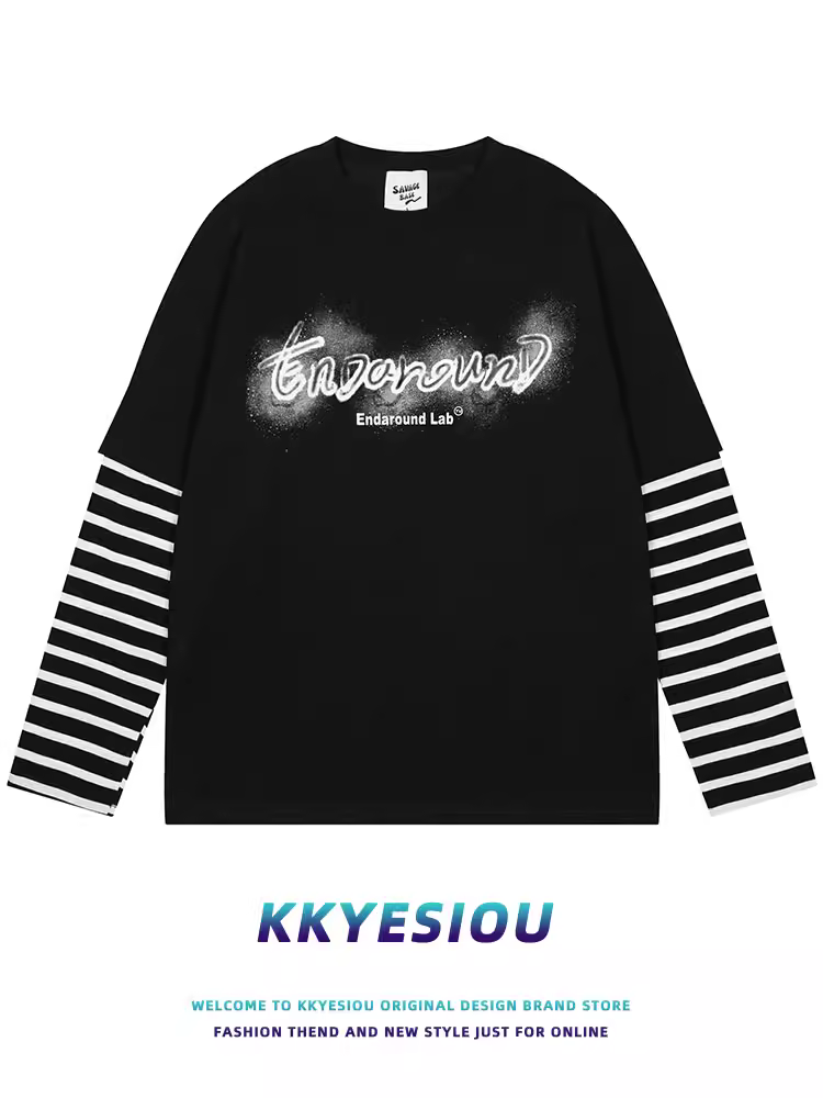 KKyesiou Áo thể thao giả hai mảnh kiểu Nhật Bản giản dị sọc thể thao unisex giản dị phong cách đại học Áo thun dài tay dành cho cặp đôi