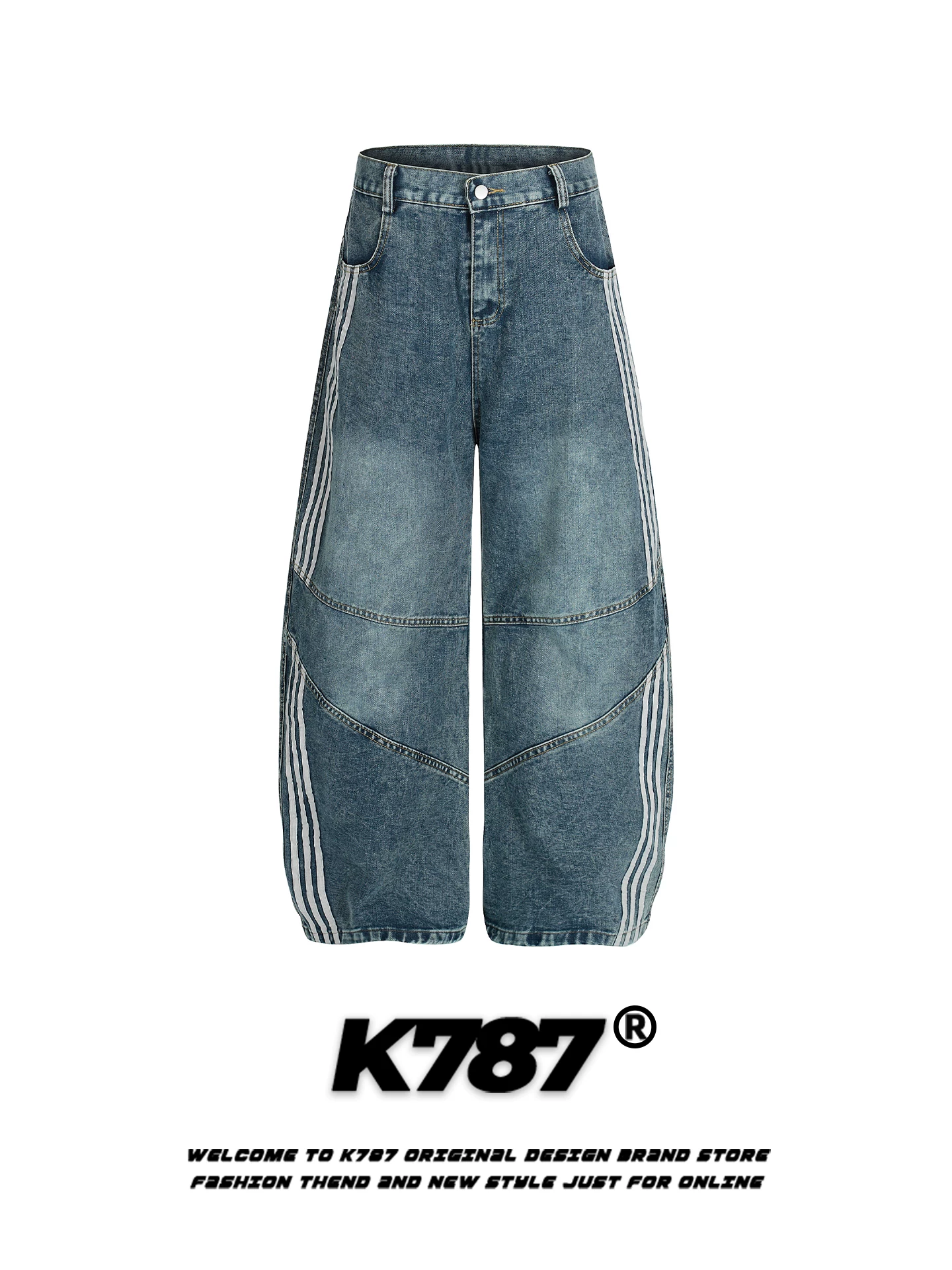 Quần jeans ống rộng kiểu đường phố Mỹ K787, chất liệu denim vintage đã qua xử lý, họa tiết sọc, dành cho nam và nữ, có dây đeo sọc, cạp cao, kiểu dáng casual.