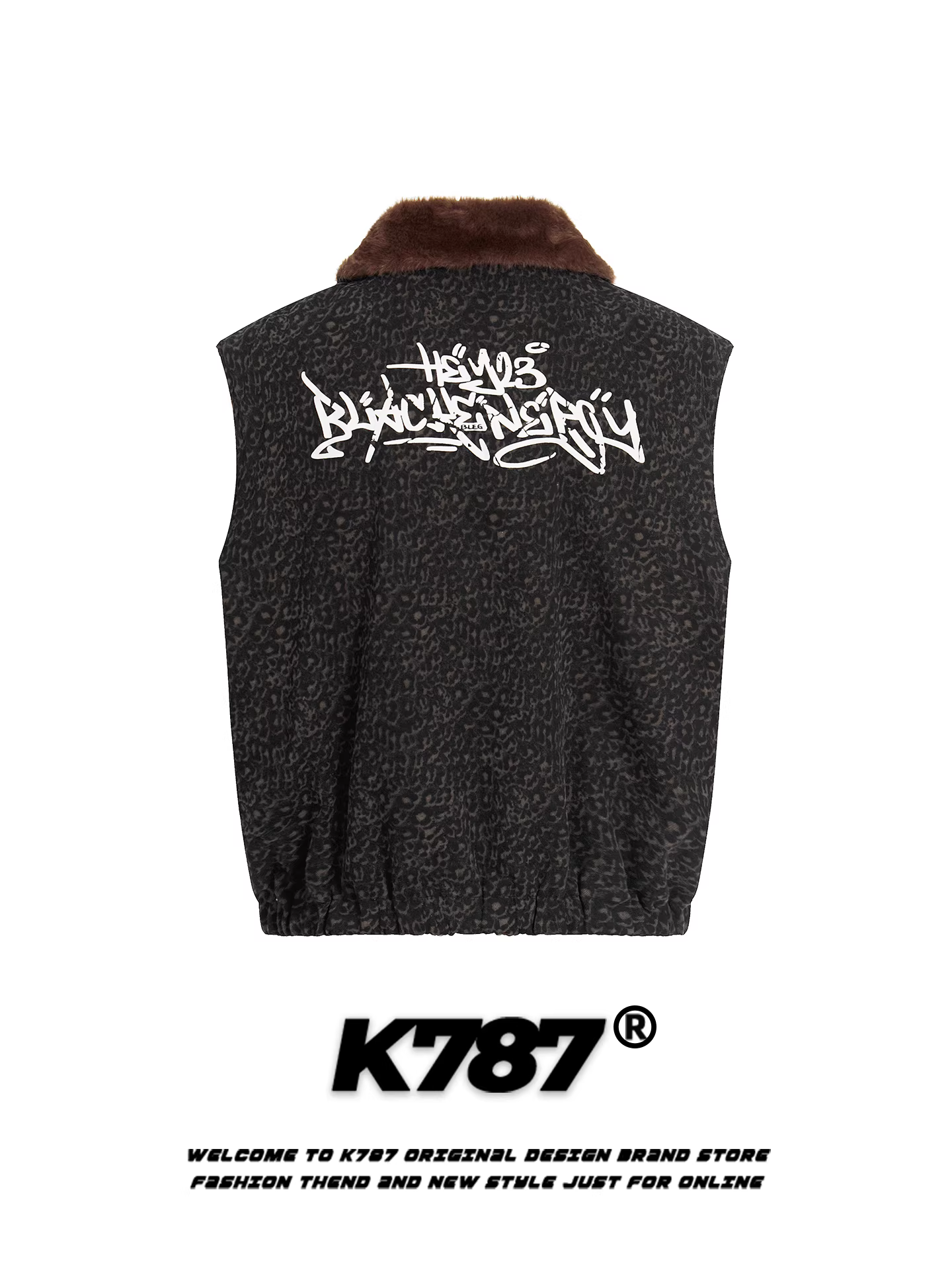 Áo gile phối lớp kiểu Mỹ cổ điển họa tiết da báo K787 dành cho nam và nữ, áo khoác không tay dày dặn giữ ấm mùa đông dành cho cặp đôi