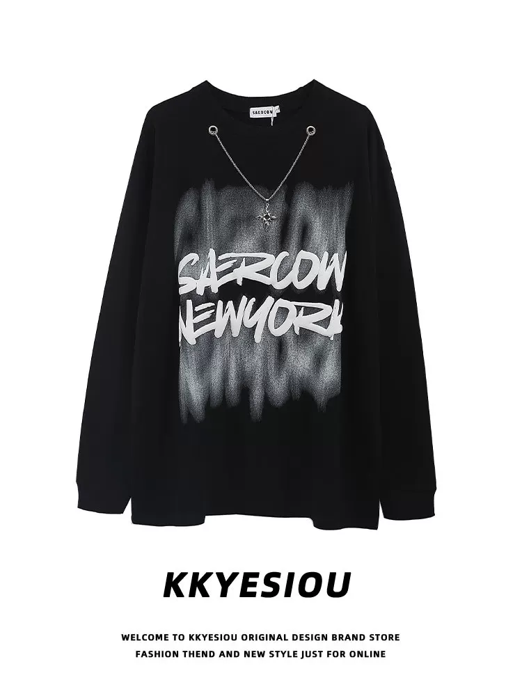 Áo thun dài tay in hình oversize unisex, chất liệu nỉ lót lông, kiểu dáng cổ điển Mỹ, thương hiệu KKyesiou thời thượng.
