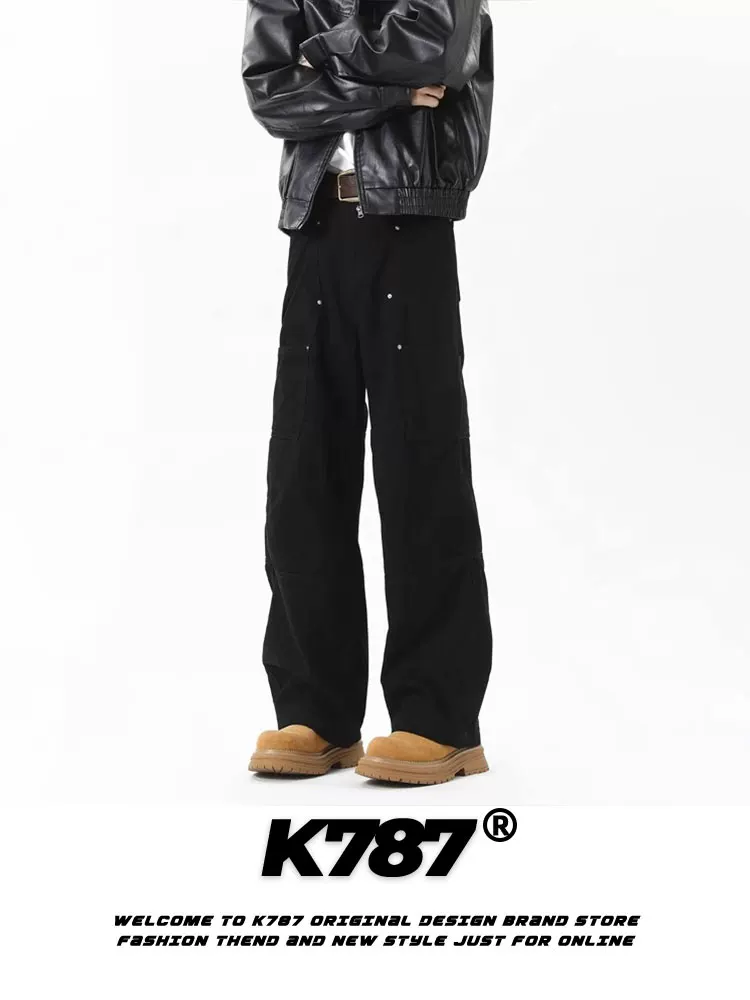 Quần K787 kiểu Mỹ cổ điển, phối màu trơn, phong cách công nhân, kiểu dáng lumberjack, unisex, họa tiết hình học, thiết kế phá cách, đa năng, hợp thời trang, quần ống thẳng, phong cách thường ngày