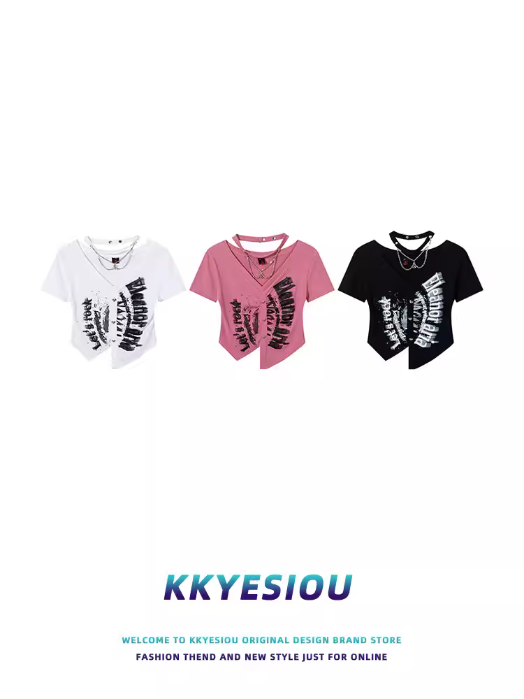 Áo thun nữ KKyesiou kiểu halter cổ, thiết kế hip-hop, ngắn, đa năng, chất liệu cardigan, tay ngắn, kiểu dáng regular.