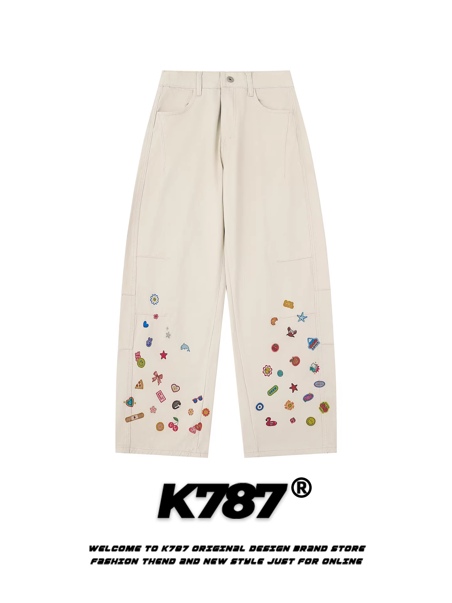 Quần cargo họa tiết hoạt hình đường phố Mỹ K787 dành cho nam và nữ, quần ống rộng xếp ly lưng cao, dáng rộng, đa năng, phong cách thường ngày