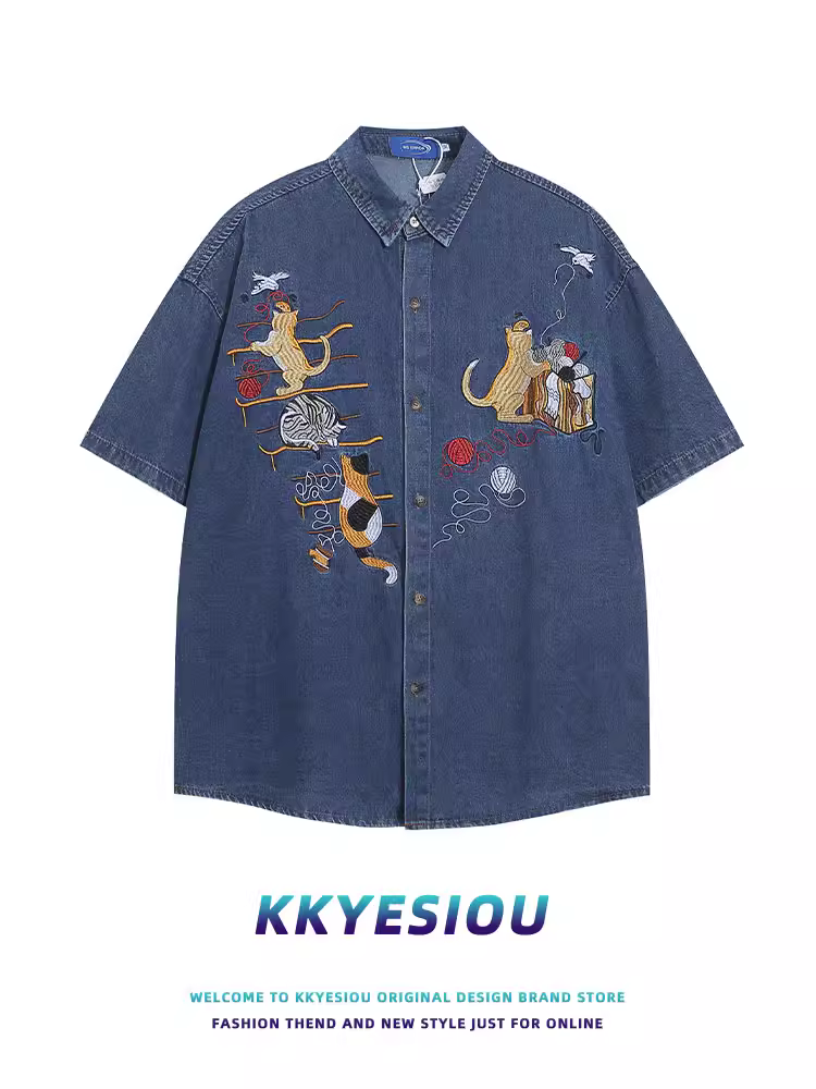 Áo sơ mi ngắn tay thêu hình mèo phong cách thời trang Trung Quốc KKyesiou, unisex, cổ điển, cặp đôi, phong cách y2k, chất liệu denim