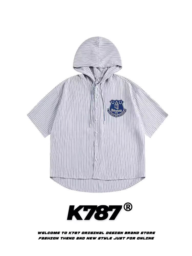 K787 Áo sơ mi ngắn tay có mũ trùm đầu phong cách đường phố Mỹ unisex phong cách đường phố đại học đa năng áo khoác cardigan thông thường mùa hè