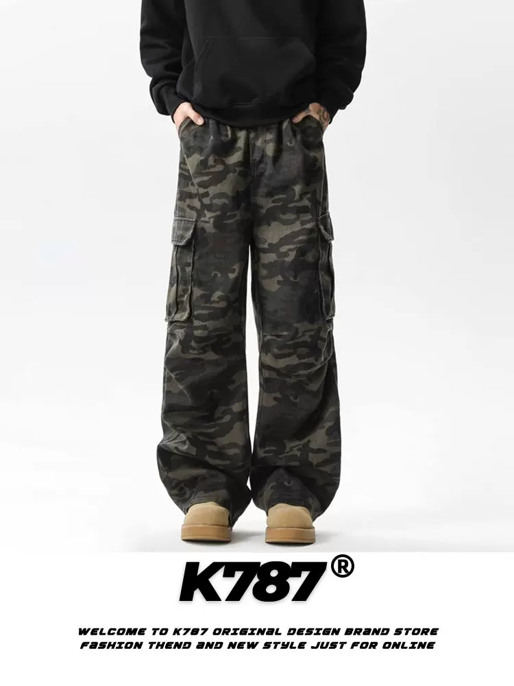 Quần cargo đa túi phong cách retro Mỹ K787, unisex, kiểu hip-hop, ống rộng, dáng rộng, ống thẳng