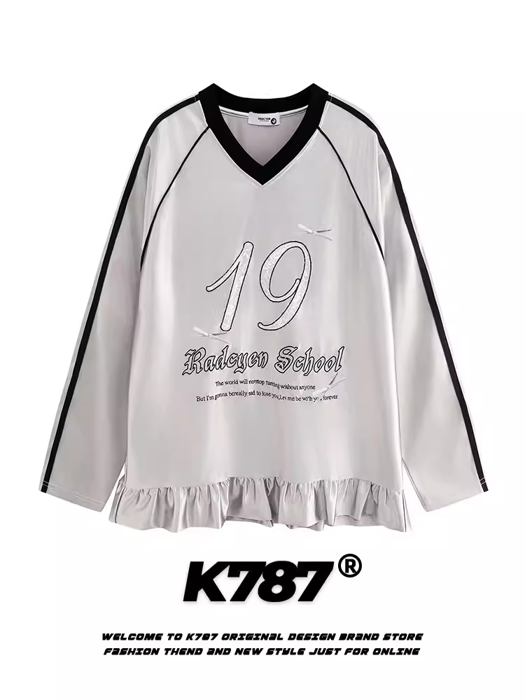 K787 Áo nỉ cổ đứng kiểu dáng cổ điển của Mỹ có cổ đứng xếp ly cổ chữ V áo nỉ oversize mùa xuân áo thể thao dáng rộng