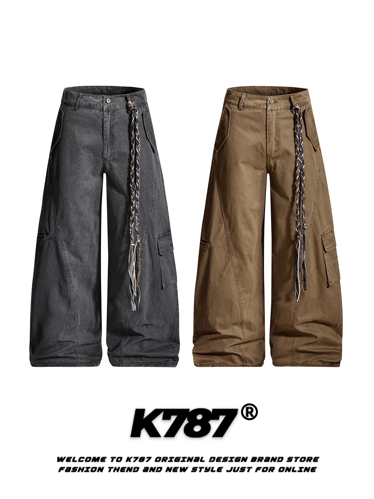 Quần dài ống rộng unisex kiểu Mỹ cổ điển, thiết kế nhiều túi, dáng rộng, cạp cao, dài chấm đất, phong cách đường phố, mã K787