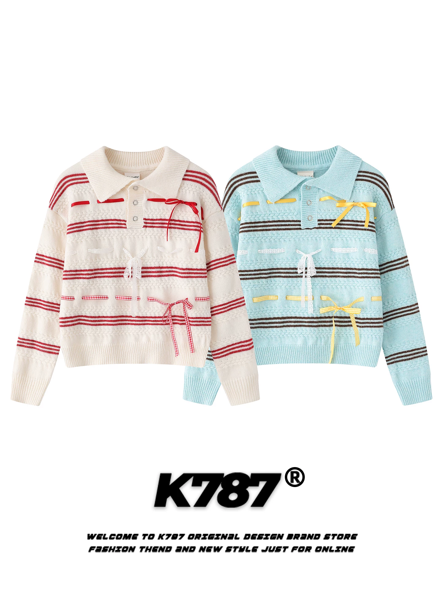 Áo len cổ polo phối nơ kiểu Mỹ cổ điển K787 dành cho nữ, áo len ngắn dệt kim sọc rộng rãi, phong cách thường ngày cho mùa thu.