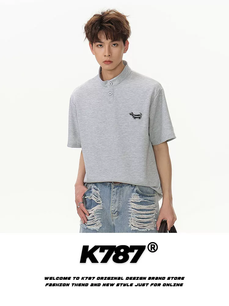 K787 Áo thun ngắn tay cổ đứng thêu dachshund cổ điển kiểu Mỹ unisex đa năng dáng rộng cặp đôi áo thun nửa tay
