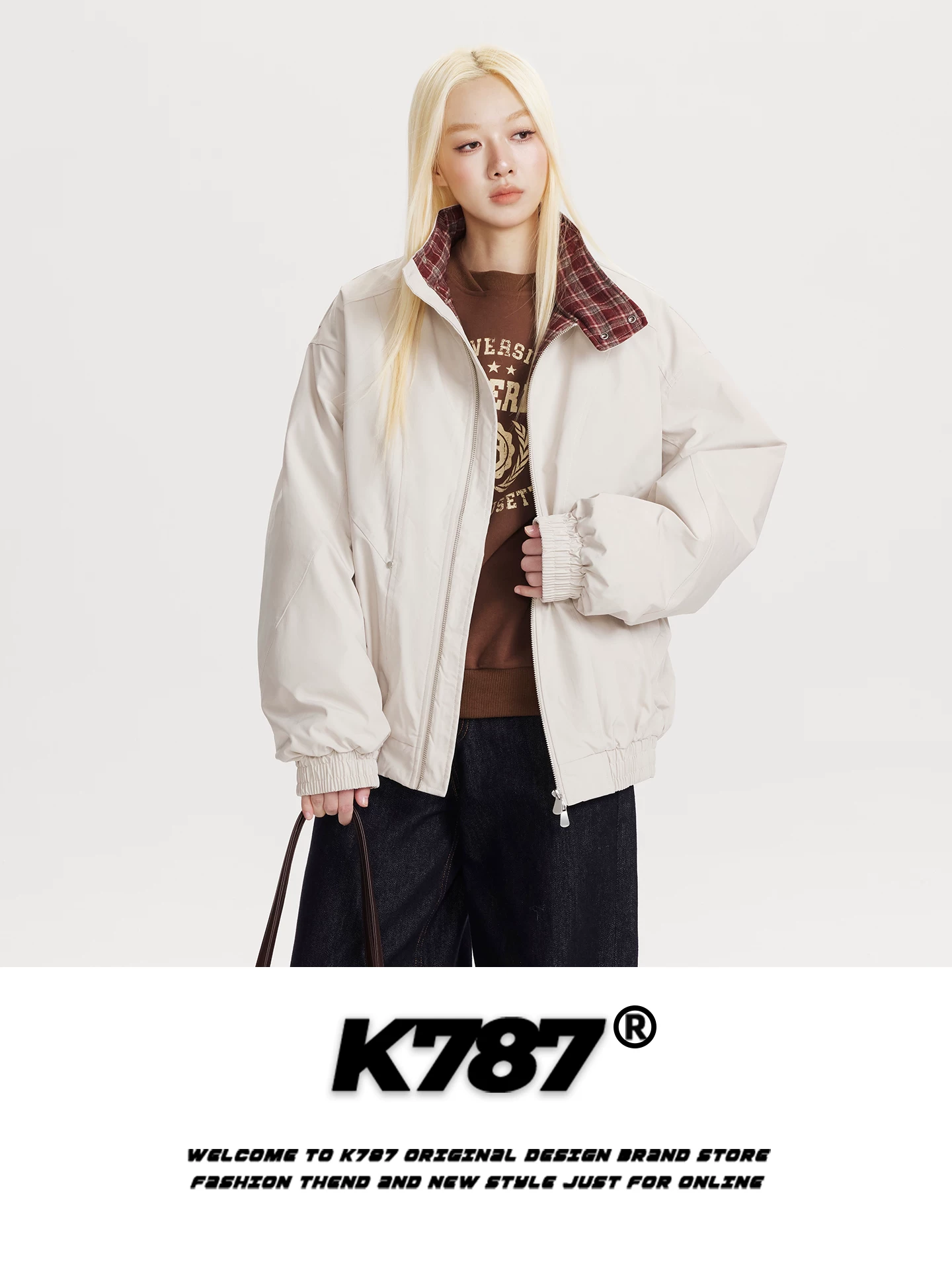 Áo khoác cardigan cotton unisex dáng rộng phong cách retro Mỹ, phối màu caro, cổ đứng, thương hiệu thời trang, ấm áp, dành cho cặp đôi.
