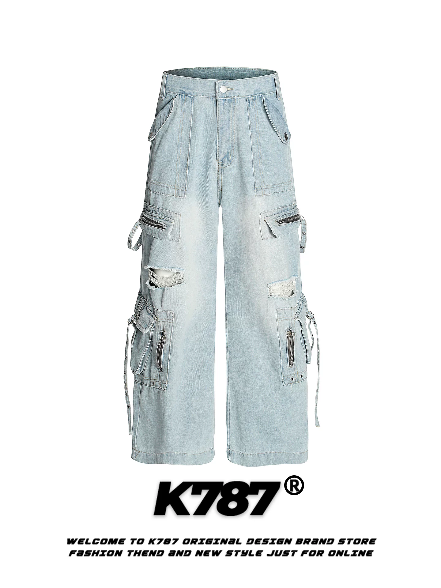 Quần jeans unisex kiểu dáng đường phố, phong cách hoang tàn, nhiều túi, rách, kiểu Mỹ cổ điển K787, cạp cao, ống rộng, dáng thẳng