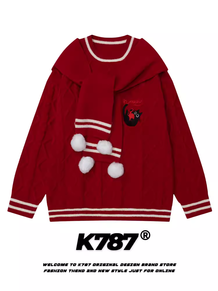 Khăn quàng cổ trang phục Giáng sinh K787 với áo len đan có thể tháo rời dành cho nam và nữ, thêu hình mèo, áo len màu đỏ cho năm sinh.