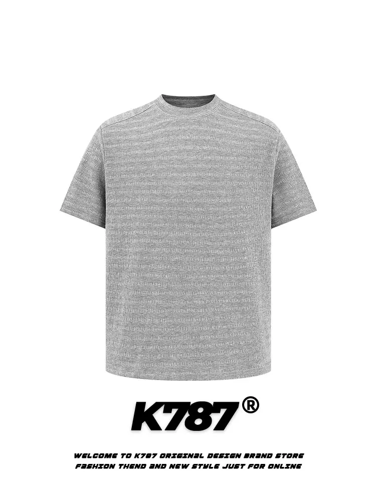 K787 Áo thun ngắn tay cleanfit họa tiết tối giản theo phong cách retro của Mỹ dành cho nam và nữ với áo trễ vai thường xuyên có họa tiết sọc jacquard rỗng