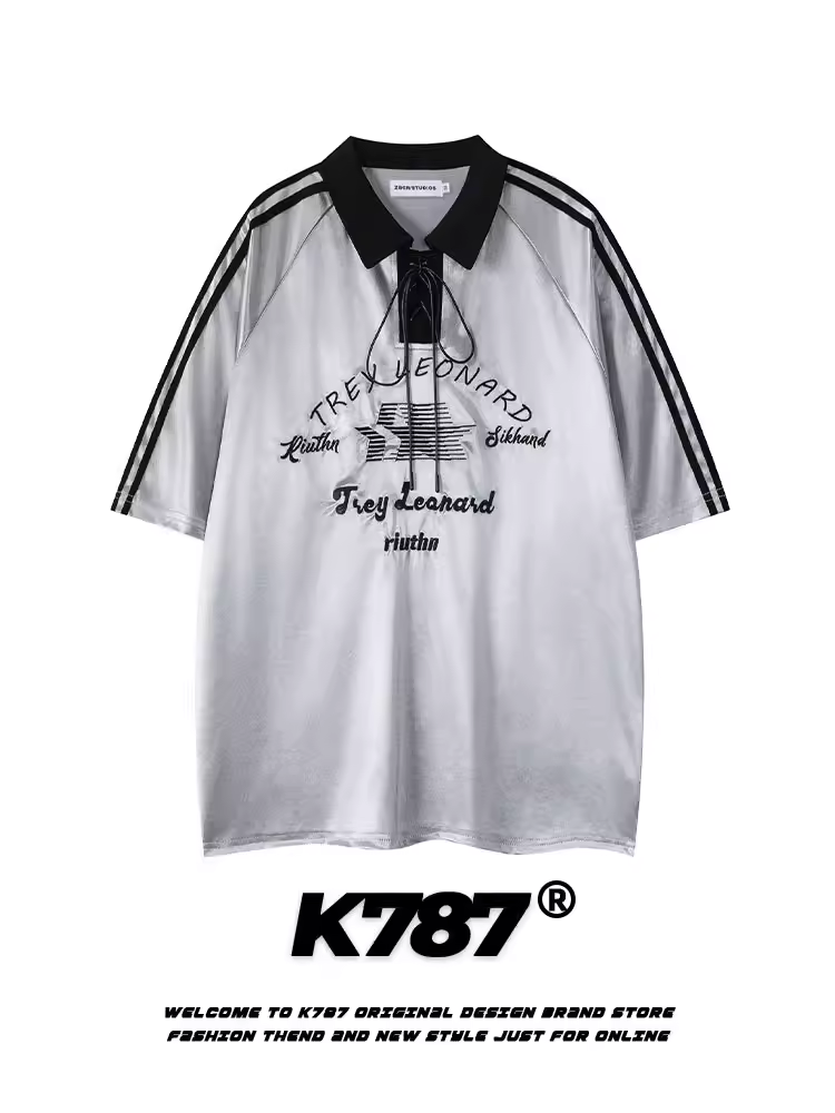 Áo polo K787 phong cách retro Mỹ, xu hướng quốc dân, phong cách blokecore, unisex, thể thao, phối dây, thêu, tay ngắn