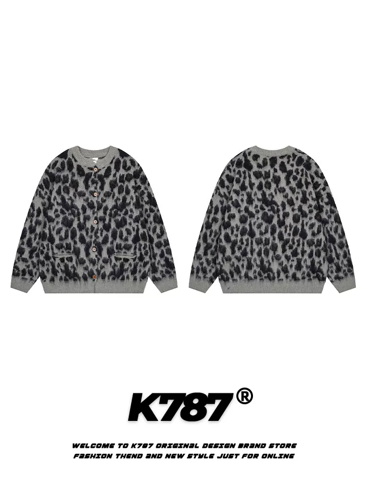 Áo len dệt kim unisex mùa đông kiểu dáng lười biếng họa tiết da báo retro Mỹ K787 chất liệu mohair dành cho cặp đôi