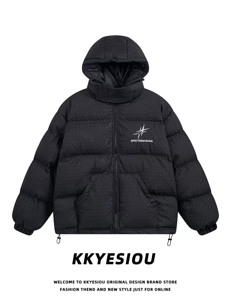 Áo khoác cotton kiểu Mỹ cổ điển màu đỏ đô thời thượng của KKyesiou dành cho nam và nữ, có cổ đứng, áo khoác cotton có mũ mùa đông phong cách đại học