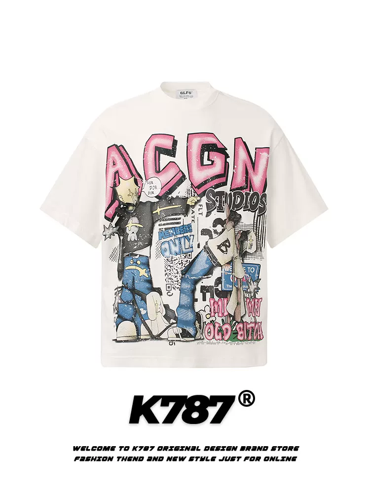 K787 Áo thun ngắn tay in hình hoạt hình hip-hop cổ điển của Mỹ dành cho nam và nữ áo đôi đa năng đường phố cỡ lớn