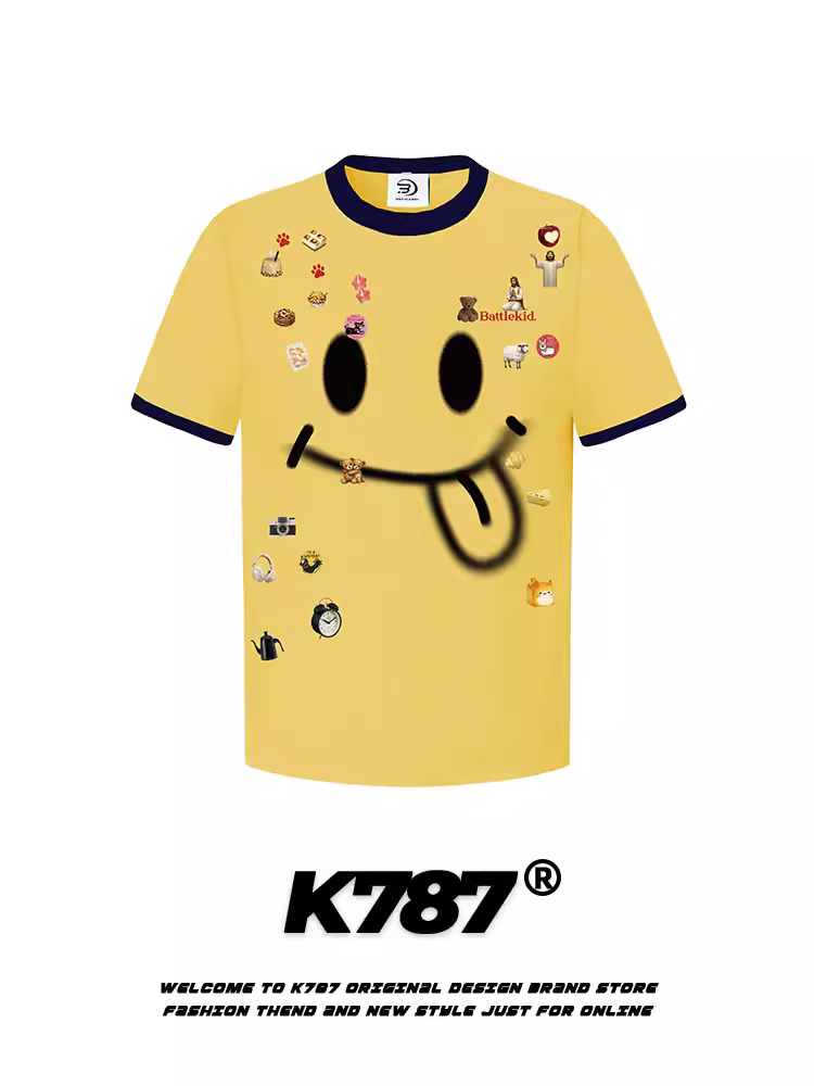 K787 Áo thun ngắn tay in hình hoạt hình vui nhộn theo phong cách retro của Mỹ dành cho nam và nữ phong cách cổ điển lười biếng áo đôi