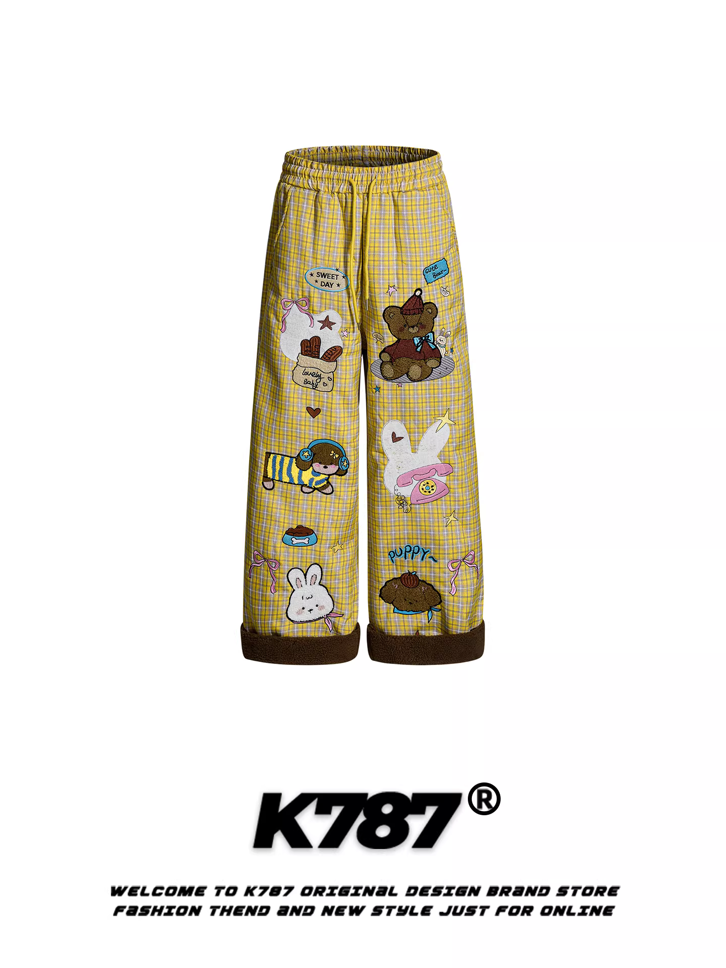 Quần âu nam họa tiết gấu hoạt hình cổ điển Mỹ K787, kiểu dáng rộng rãi có dây rút, lót lông cừu, ấm áp, ống thẳng, ống rộng, chất liệu cotton