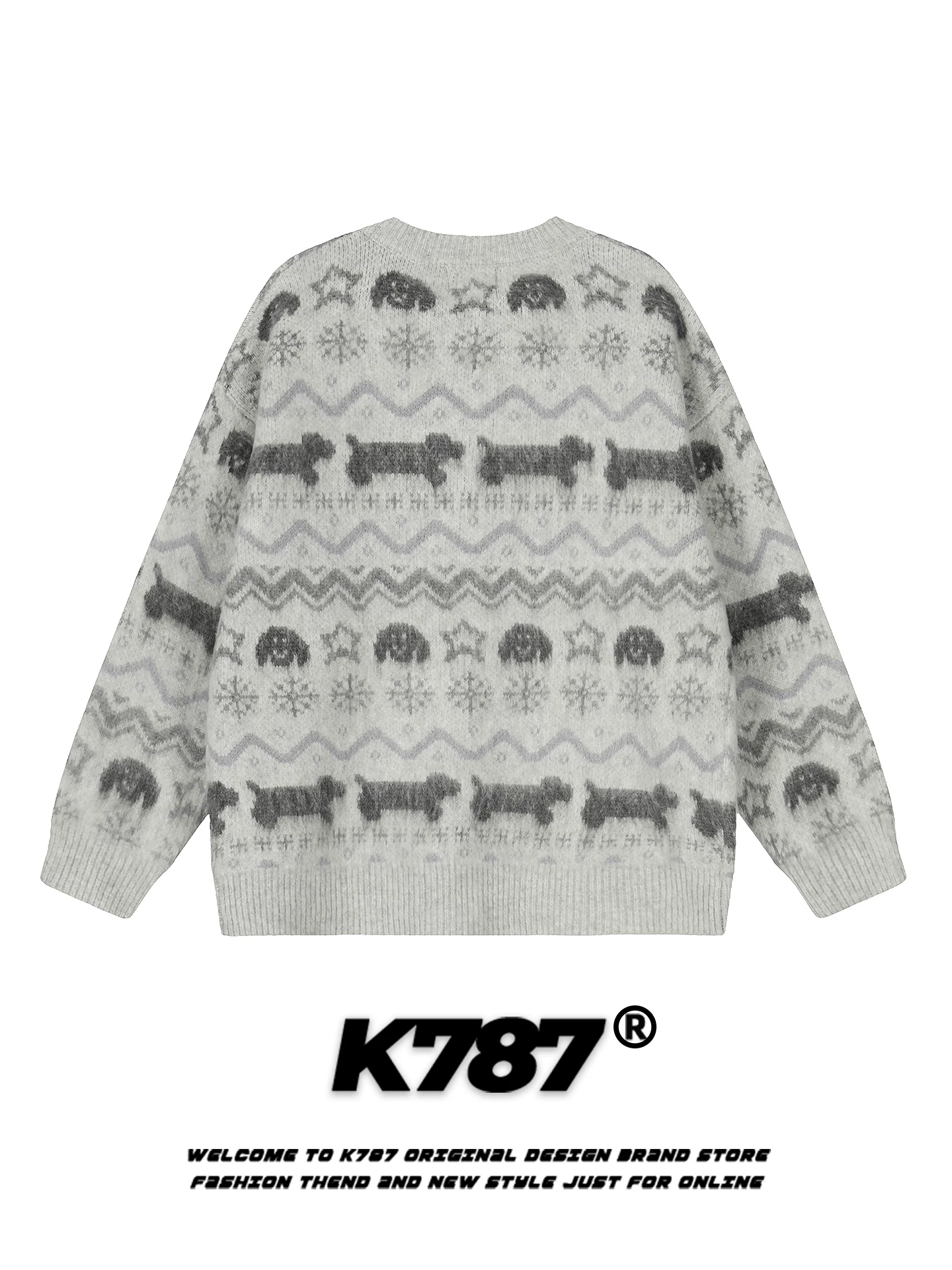 Áo len cardigan kiểu đường phố Mỹ K787 họa tiết Fair Isle vui nhộn dành cho nam và nữ, phong cách lười biếng, dáng rộng, chất liệu len giảm tuổi tác cho mùa đông.