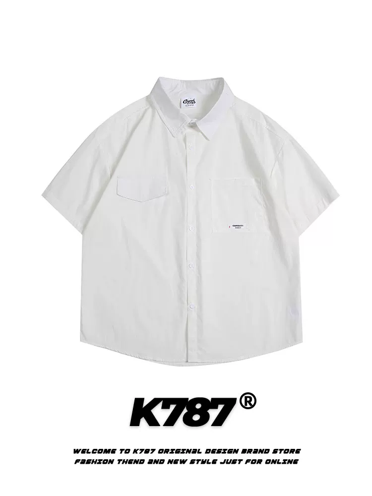 Áo sơ mi ngắn tay màu trơn phong cách retro Mỹ K787, đa năng, rộng rãi, unisex, phong cách sinh viên, thường ngày, mùa hè 2025, áo đôi