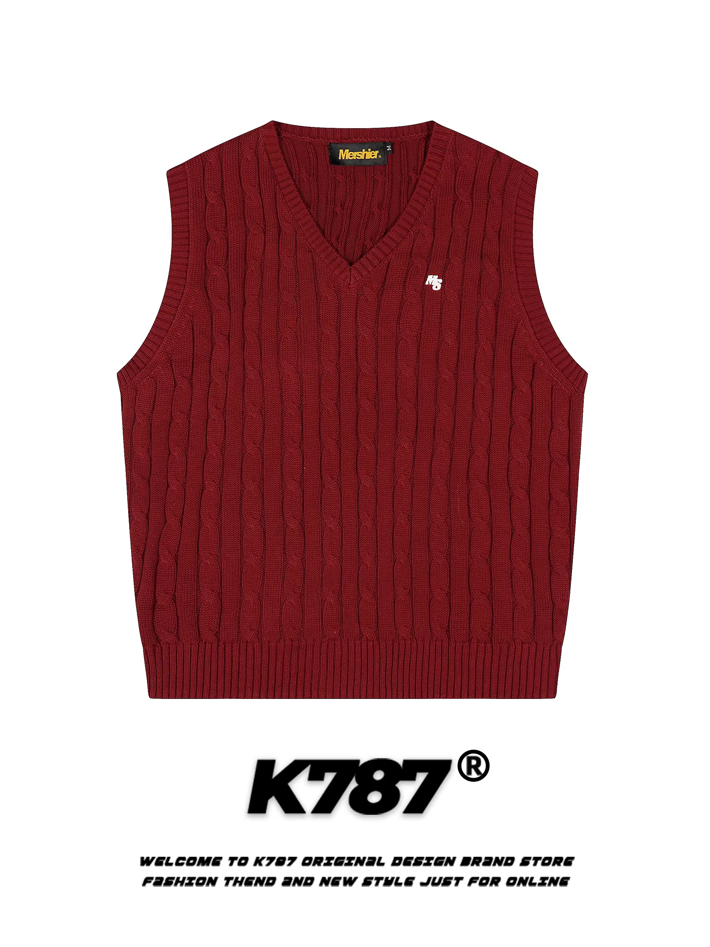 Áo gile kiểu đường phố Mỹ K787 màu đỏ đô dành cho nam và nữ, phong cách lười biếng cổ điển, áo gile len nhiều lớp giữ ấm