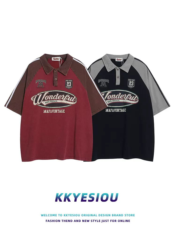 Áo thun ngắn tay thêu chữ kiểu Mỹ cổ điển KKyesiou dành cho nam và nữ, kiểu dáng rộng, màu đỏ đô, kiểu dáng cũ kỹ, kiểu áo POLO