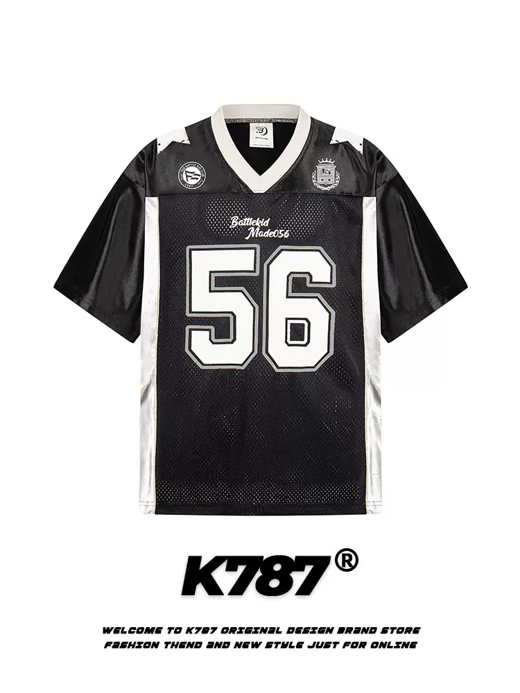 K787 Áo thể thao cổ chữ V cổ điển kiểu Mỹ nửa tay áo unisex blokecore đường phố dáng rộng đa năng Áo thun ngắn tay