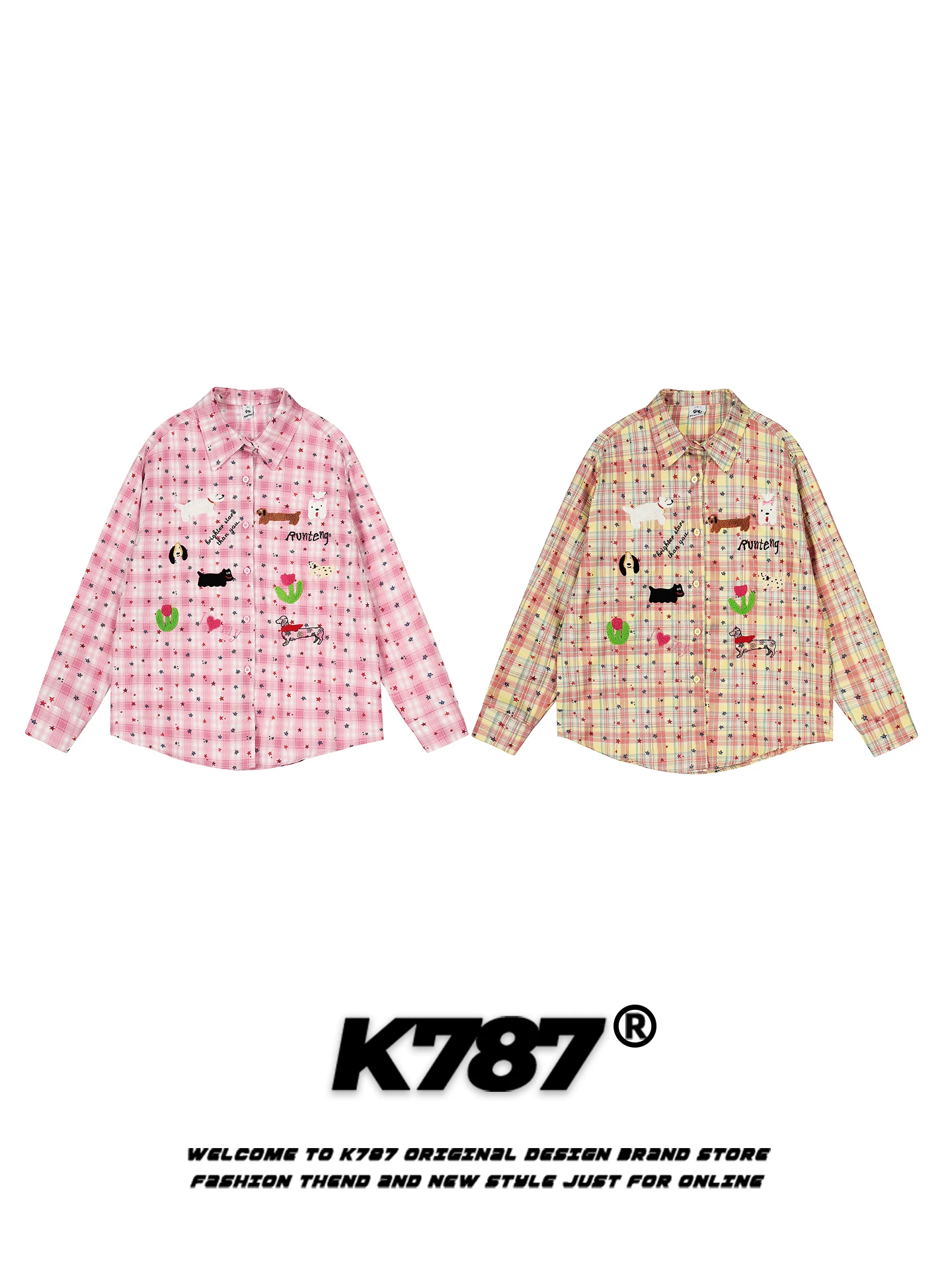 K787 Mỹ retro vui nhộn thêu chó kẻ sọc dài tay áo sơ mi unisex lười biếng phong cách áo sơ mi dáng rộng áo khoác mùa thu