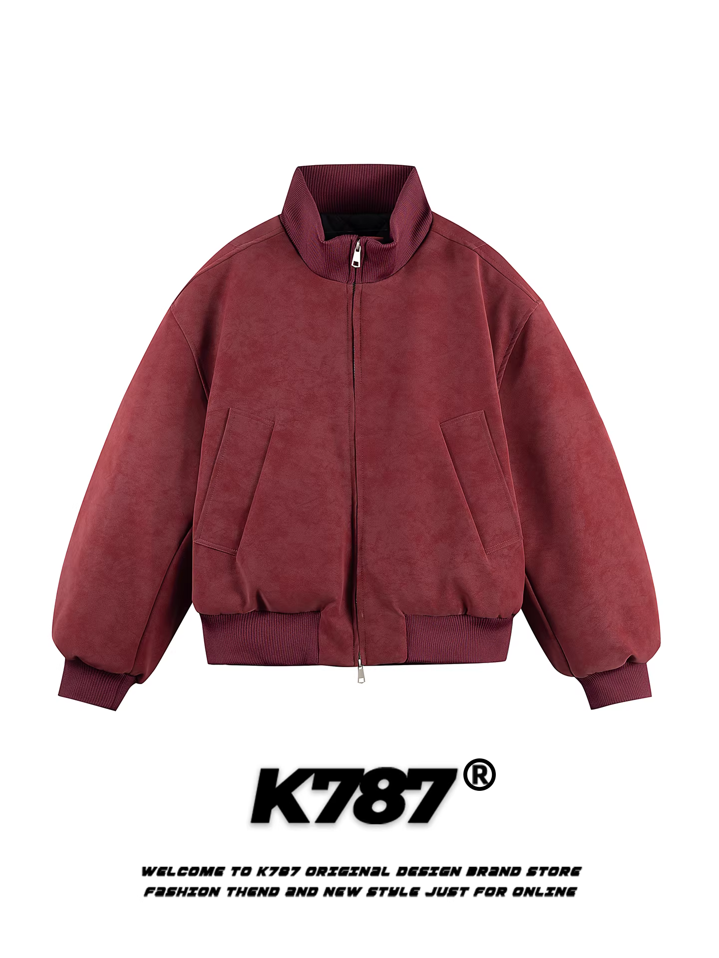 Áo khoác cotton cổ đứng chất liệu da PU kiểu Mỹ cổ điển K787 dành cho nam và nữ, áo khoác biker đường phố rộng rãi, áo khoác cotton ấm áp cho mùa đông.