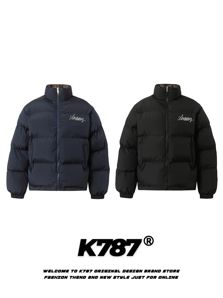 Áo khoác cotton dày kẻ caro cổ đứng thêu kiểu Mỹ cổ điển K787 dành cho nam và nữ, áo khoác cotton cặp đôi phong cách đường phố màu trơn cá tính