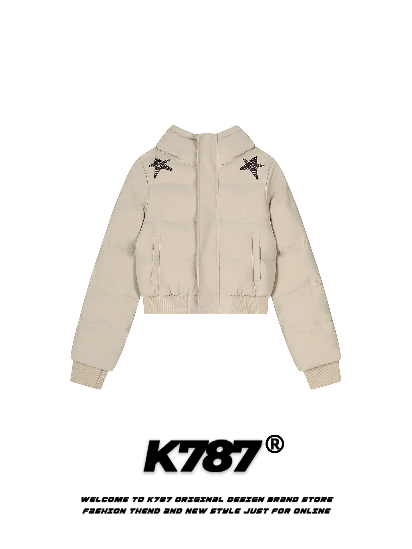 Áo khoác cotton có mũ trùm đầu thêu hình ngôi sao cổ điển kiểu Mỹ K787 dành cho nữ, áo khoác cotton ngắn dày dặn ấm áp phong cách đại học mùa đông.