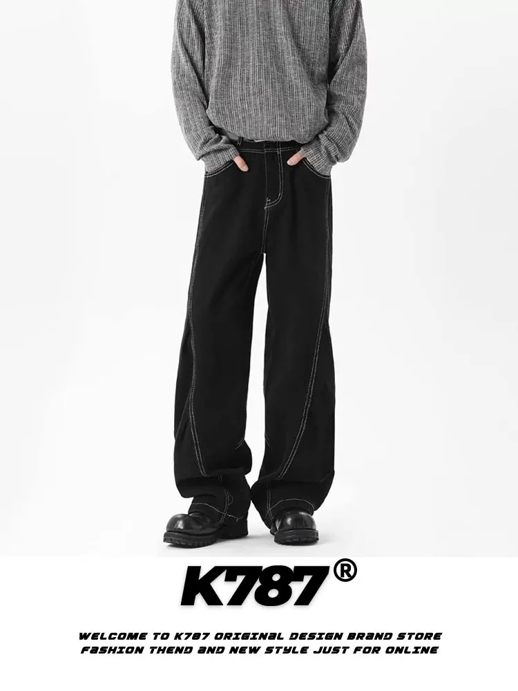 Quần jeans dáng xếp ly phong cách retro Mỹ K787 dành cho nam và nữ, quần ống đứng màu đen cạp cao, đa năng, phong cách thường ngày