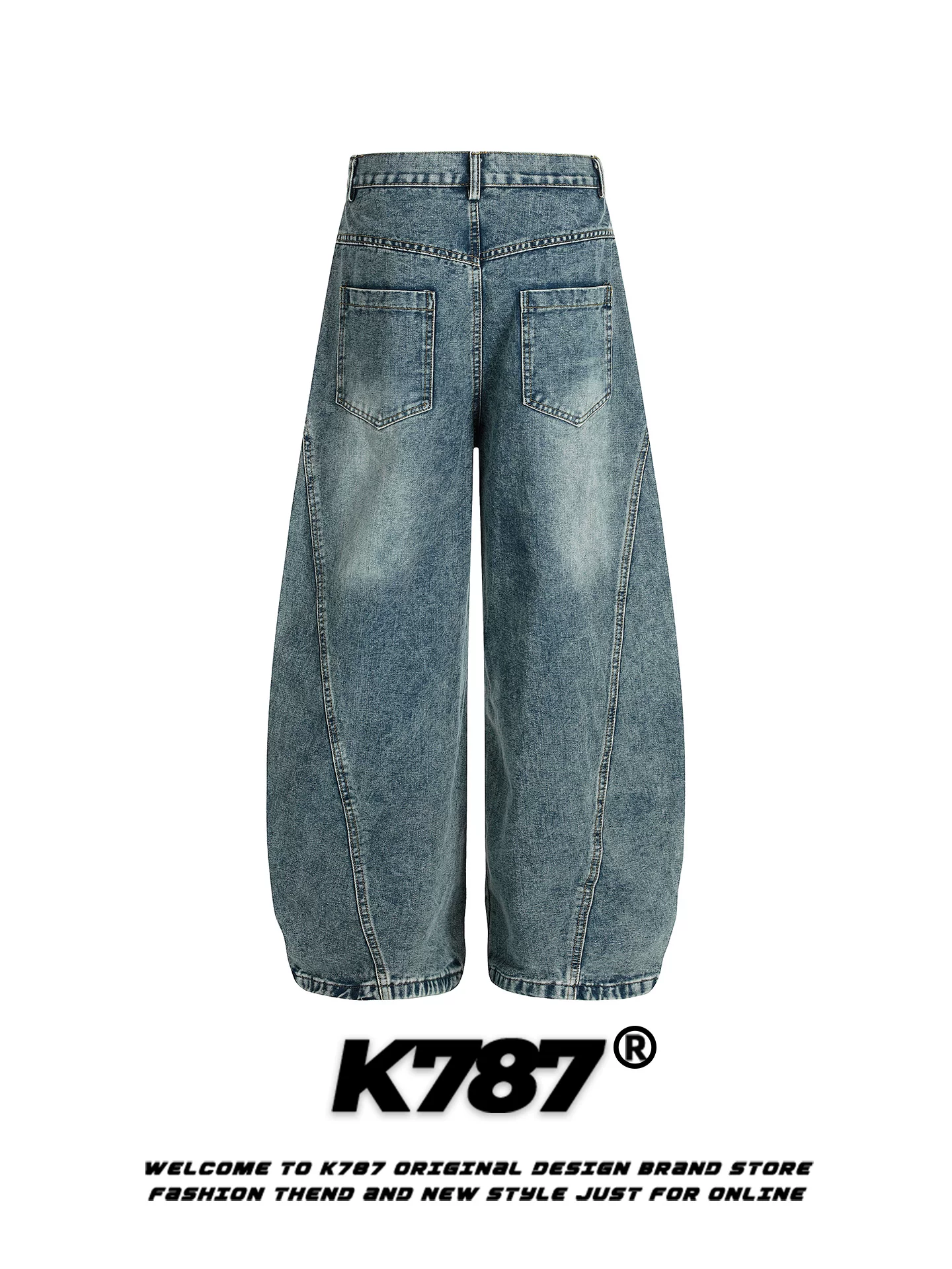 Quần jeans thêu chữ kiểu đường phố Mỹ K787 dành cho nam và nữ, cạp cao, dáng rộng, chất liệu washed, phong cách casual.