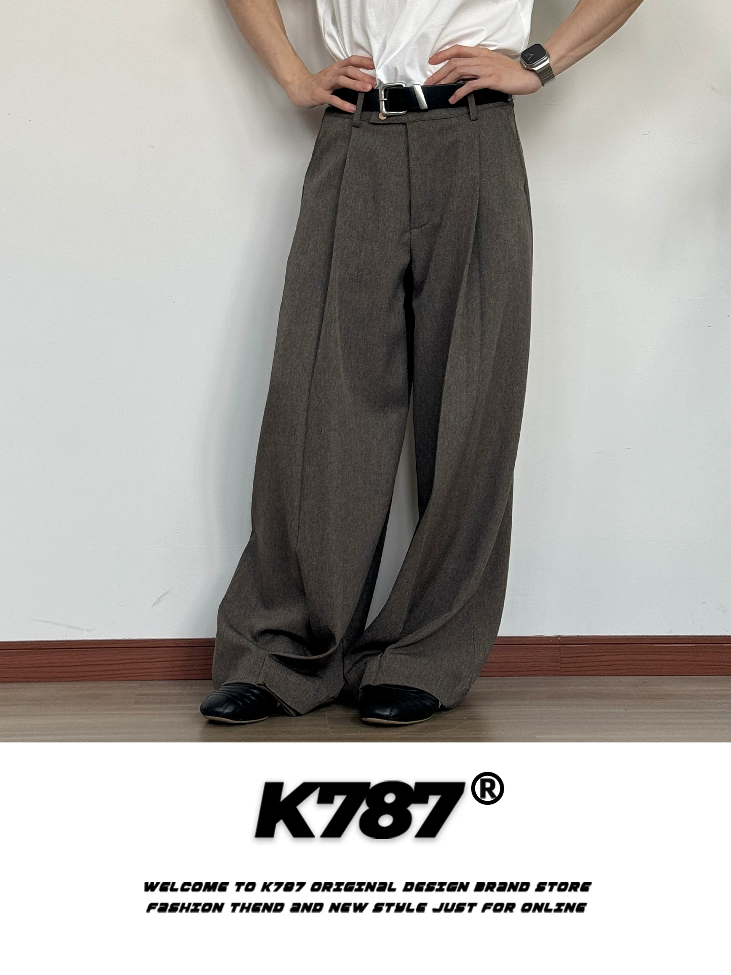 Quần âu unisex kiểu Mỹ cổ điển, chất liệu xước, dáng xuông, cạp cao, xếp ly, tôn dáng, ống thẳng, thương hiệu thời trang K787