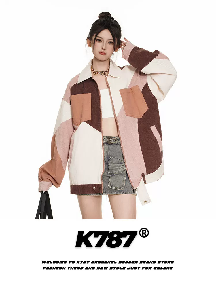Áo khoác phối màu phong cách retro Mỹ K787 dành cho nam và nữ, thiết kế độc đáo, đa năng, áo đôi mùa xuân 2025