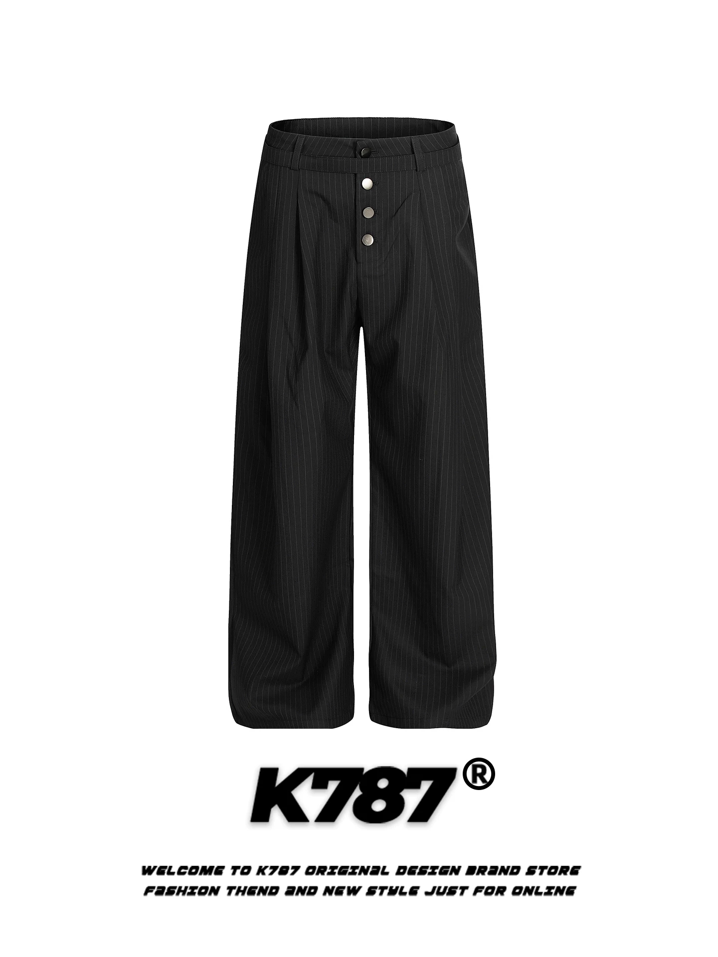 Quần dài suông rộng kiểu Mỹ cổ điển kẻ sọc K787, unisex, lưng cao, dáng thẳng, rộng thùng thình