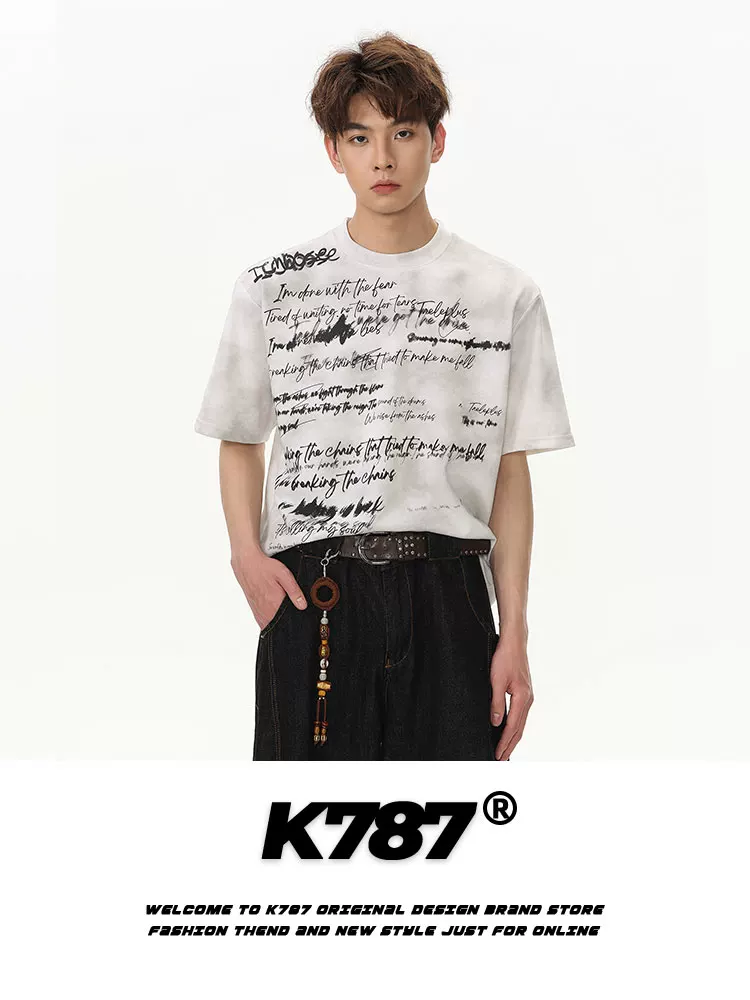Áo thun ngắn tay K787 kiểu Mỹ cổ điển, họa tiết graffiti tie-dye, dành cho nam và nữ, kiểu dáng rộng rãi, thoải mái, áo đôi.