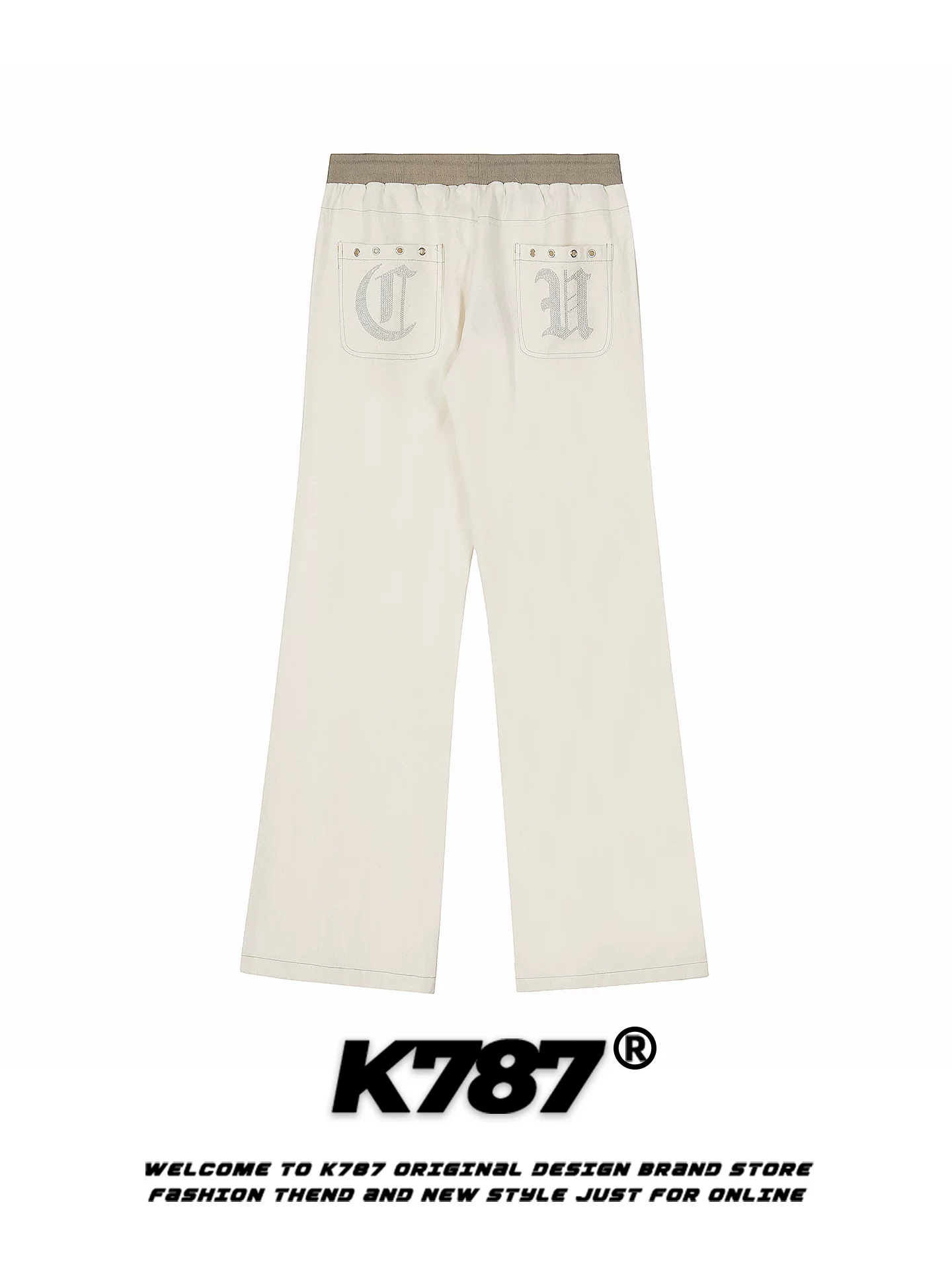 K787 Quần thường ngày kiểu dáng cổ điển của Mỹ có đính kim cương giả ở phía sau, quần ống rộng dáng rộng có cạp cao, kiểu dáng đường phố dành cho nam và nữ