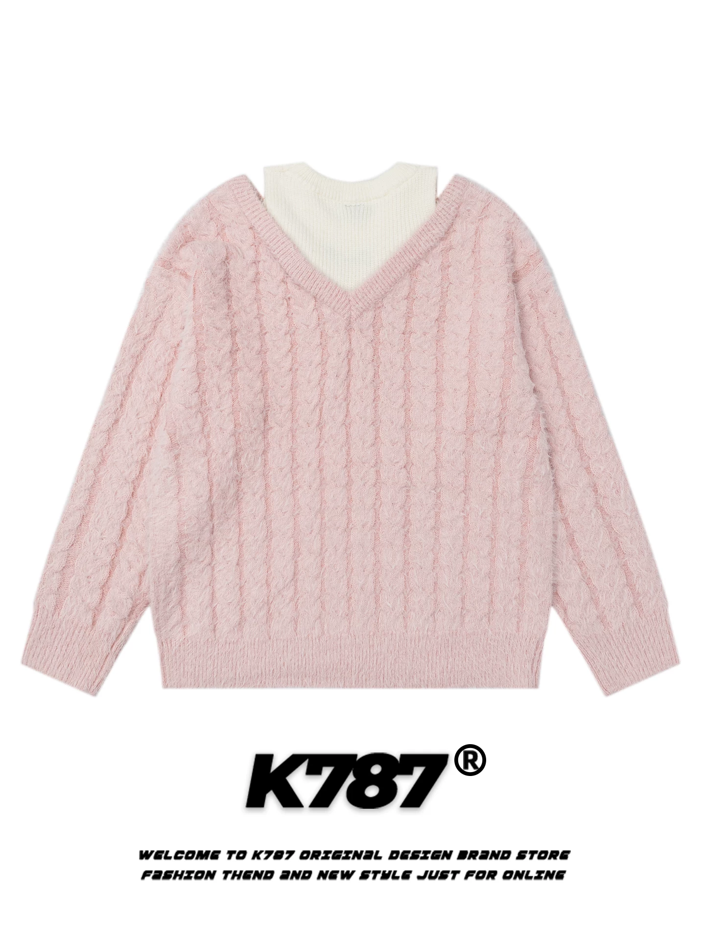 K787 Áo len vest hai mảnh giả Hello Kitty kiểu Mỹ dành cho nữ, dáng rộng, mềm mại và trẻ trung, áo len màu hồng giản dị