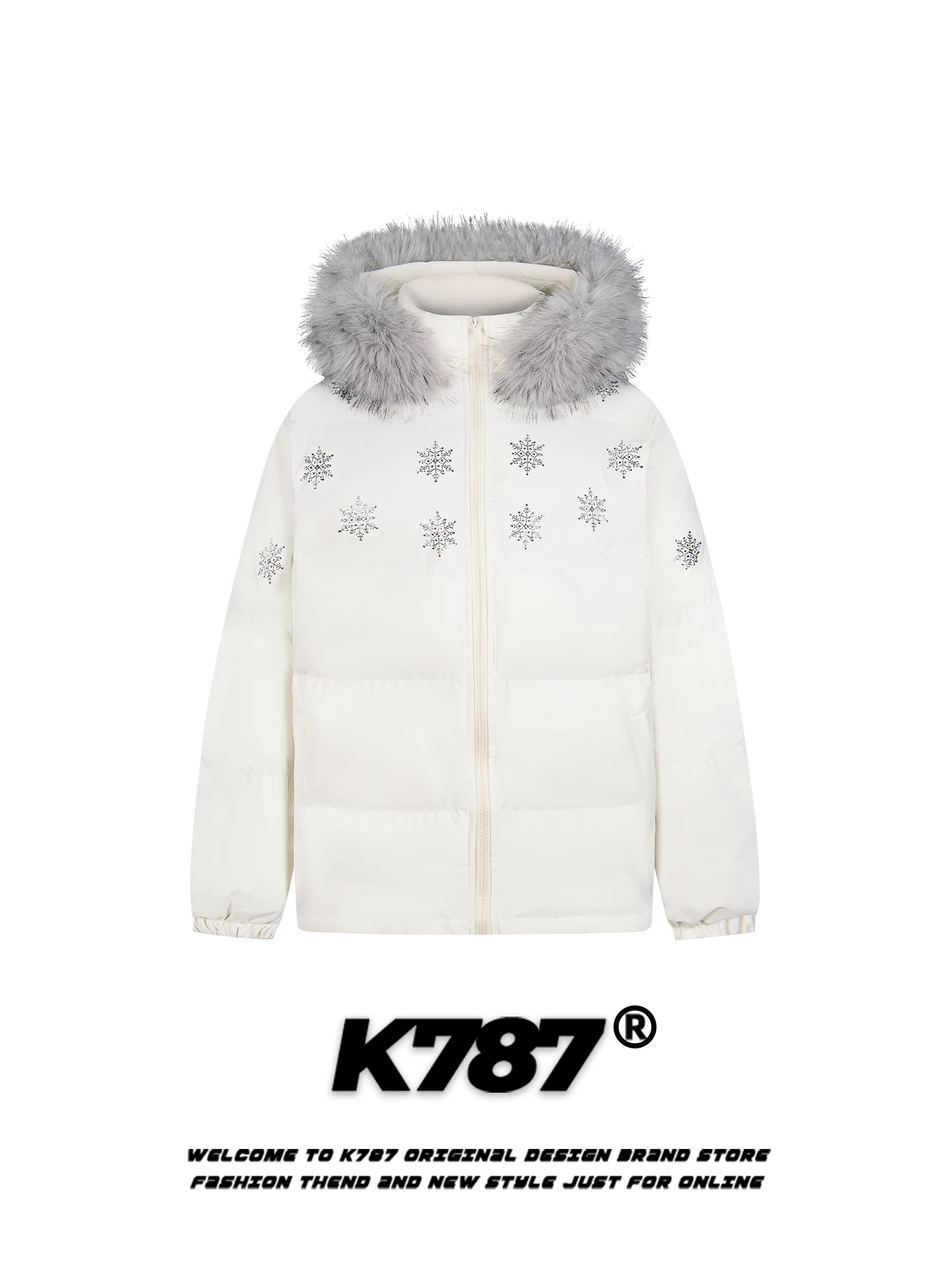 Áo khoác cotton hình bông tuyết lục giác cổ điển kiểu Mỹ K787 dành cho nam và nữ, phong cách lười biếng với cổ lông, áo khoác cotton có mũ trùm đầu dày dặn cho mùa đông.