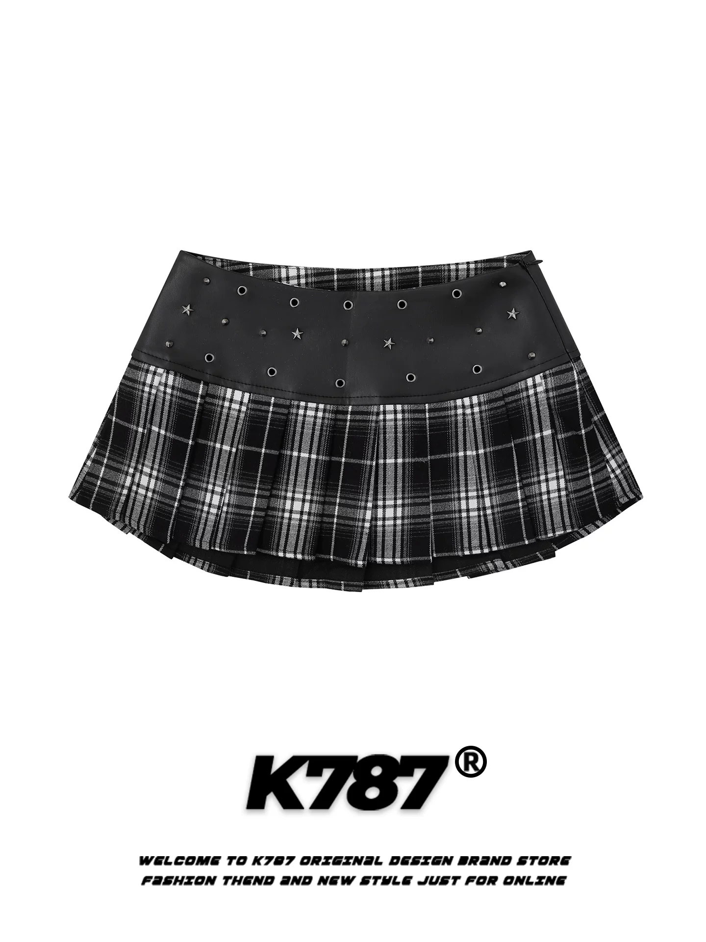 Váy xếp ly phối họa tiết ca rô K787 kiểu dáng nữ tính, cạp cao, tôn dáng, xếp ly, phong cách thuần khiết quyến rũ, trang trí đinh tán.