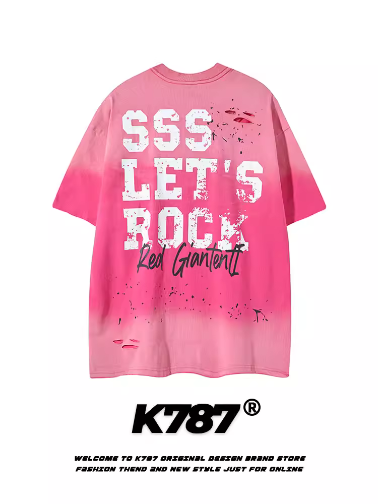 K787 Áo thun ngắn tay rách theo xu hướng retro của Mỹ dành cho nam và nữ oversize hip-hop cặp đôi áo cotton nguyên chất