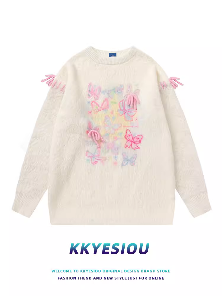 Áo len KKyesiou kiểu Mỹ cổ điển, thắt nơ, ngọt ngào dành cho nam và nữ, dáng rộng, có dây buộc, dành cho cặp đôi